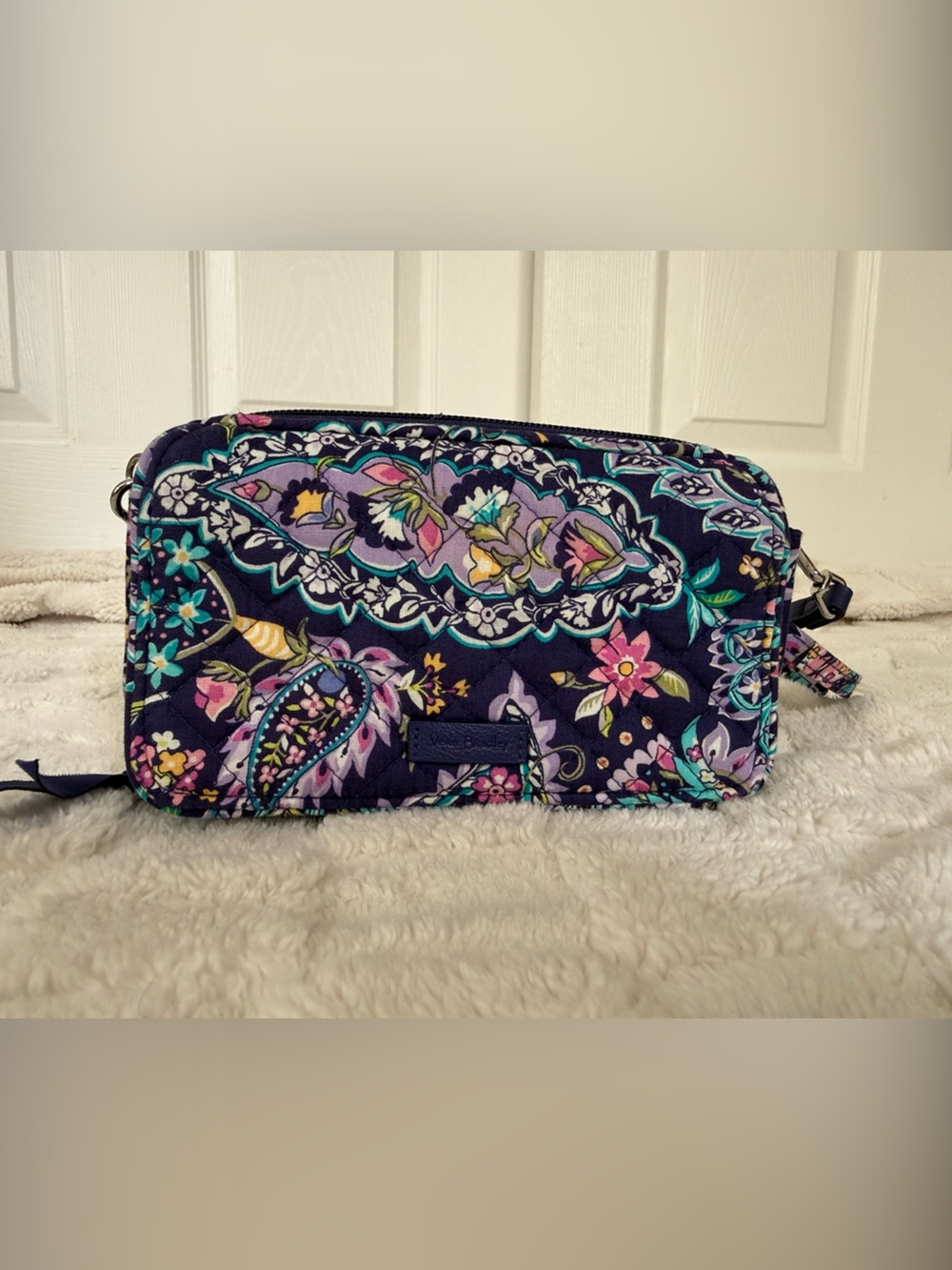 Vera Bradley Navy Floral Quilted Wristlet with Teal & Purple Accents